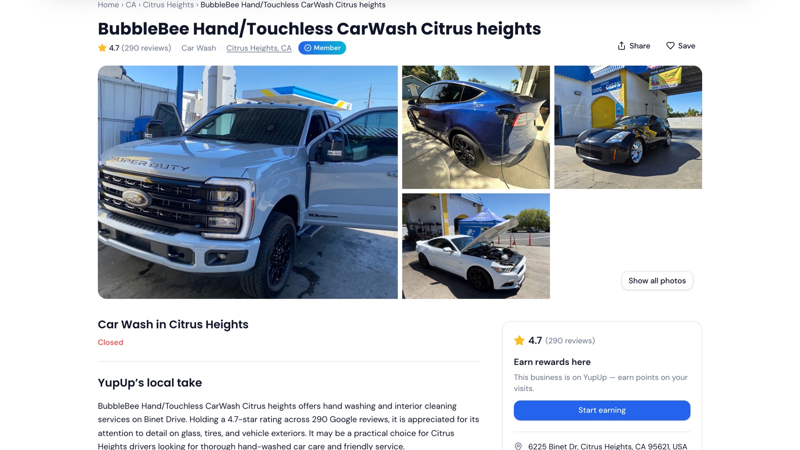 The live YupUp listing for BubbleBee Car Wash in Citrus Heights with real customer car photos, rating and member badge