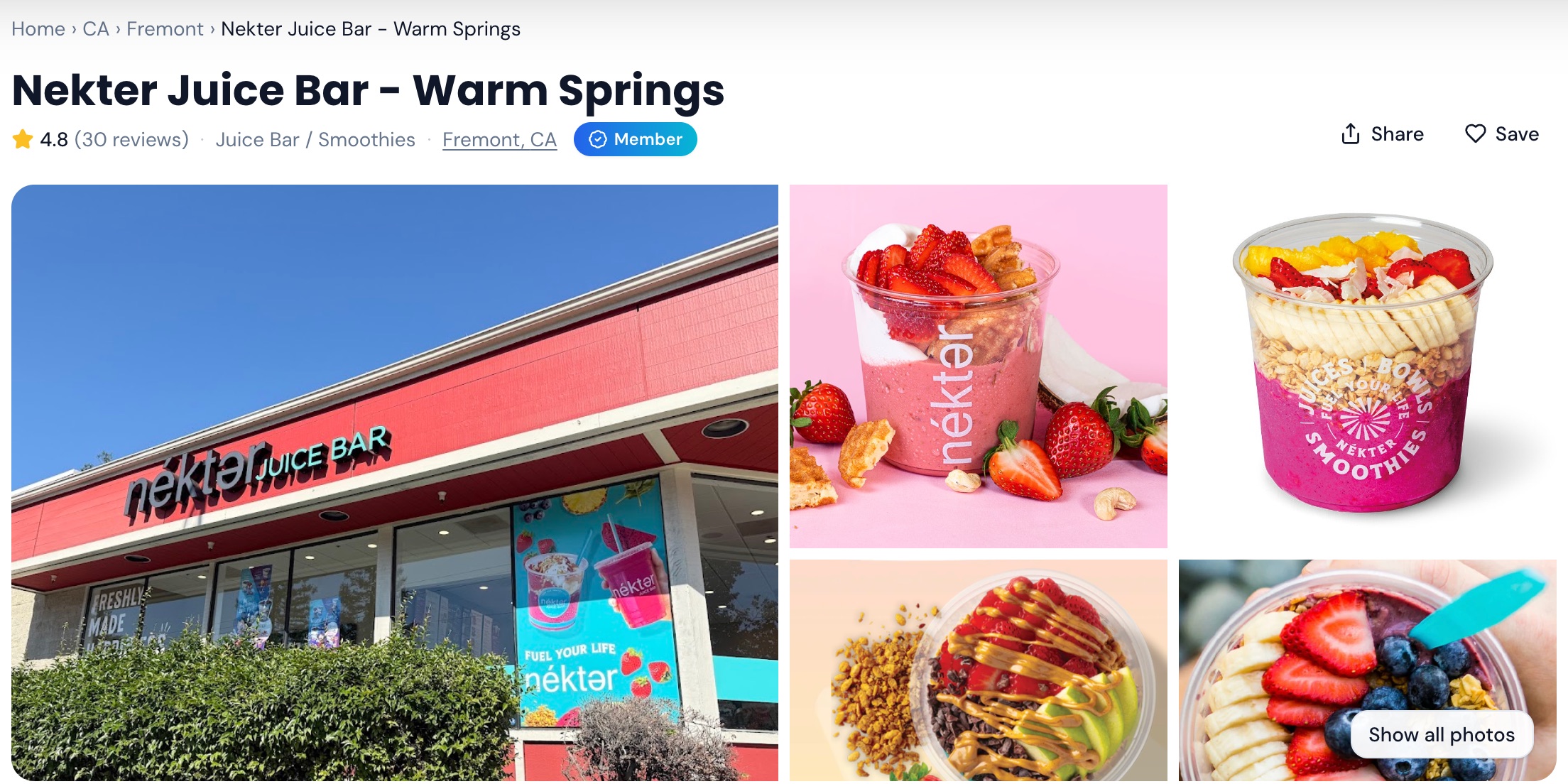 The live YupUp listing for Nékter Juice Bar in Fremont with photos, reviews and rewards